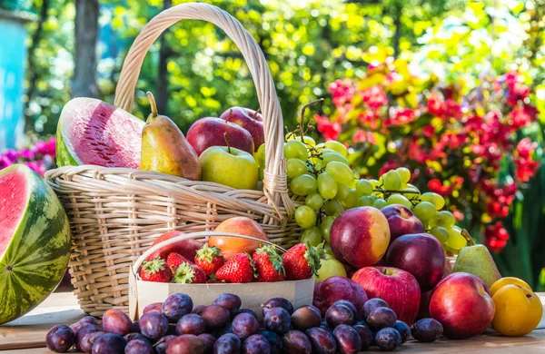 Variedad de frutas frescas maduras en el jardín . — Foto de Stock