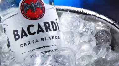 Ezilmiş buz ile kova Bacardi altın rom Şişesi