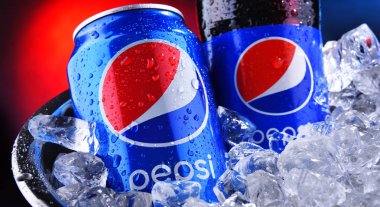 Bottle and can of Pepsi in bucket with crushed ice clipart