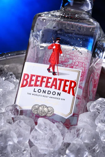 Bottle of Beefeater Gin in bucket with crushed ice — Stock Photo, Image