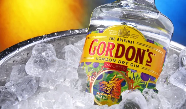 Bottle of Gordon's London Dry gin in bucket with crushed ice — Stock Photo, Image