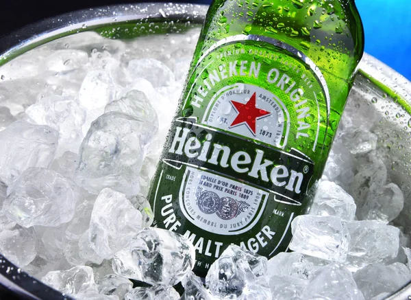 Botella de cerveza Heineken en cubo con hielo picado —  Fotos de Stock