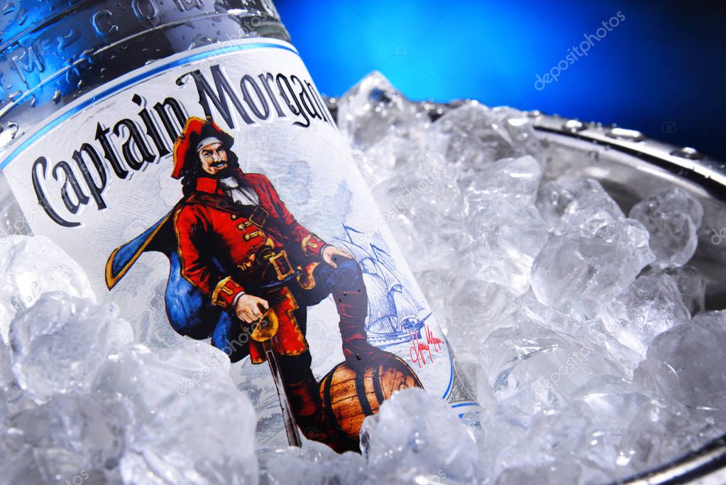POZNAN, POL - SEP 5, 2019: Bottle of Captain Morgan, a brand of rum originated on US Virgin Islands and now produced by Diageo, British alcoholic beverages company headquartered in London