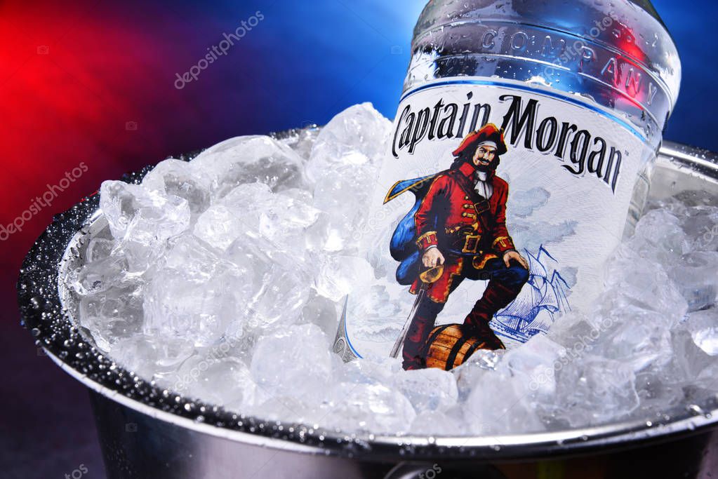 POZNAN, POL - SEP 5, 2019: Bottle of Captain Morgan, a brand of rum originated on US Virgin Islands and now produced by Diageo, British alcoholic beverages company headquartered in London