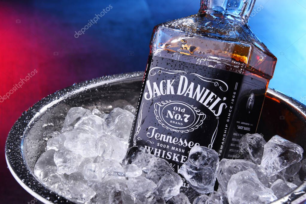 POZNAN, POL - SEP 5, 2019: Bottle of Jack Daniel's, a brand of the best selling American whiskey in the world,  produced by the Jack Daniel Distillery and owned by the Brown-Forman Corporation since 1956