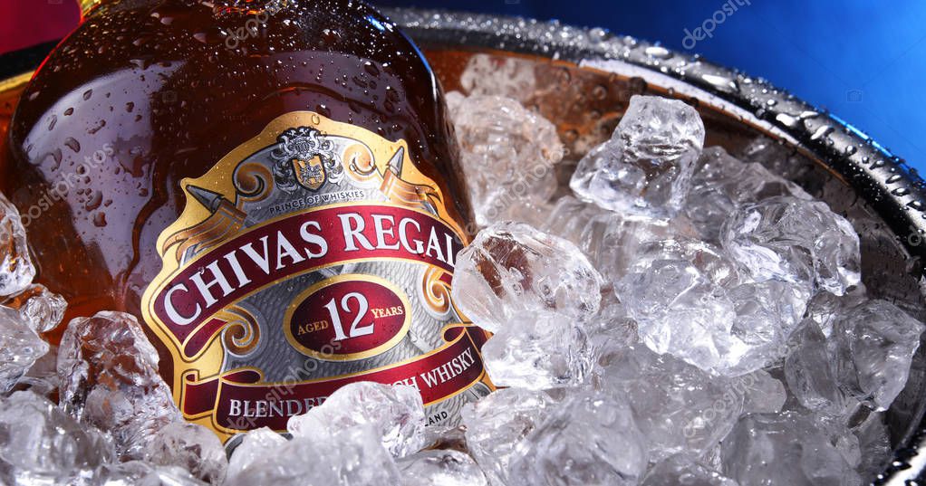 POZNAN, POL - SEP 5, 2019: Bottle of Chivas Regal 12, a blended Scotch whisky made from whiskies matured for at least 12 years, produced by Chivas Brothers in Keith, Scotland