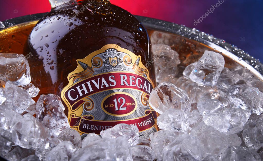 POZNAN, POL - SEP 5, 2019: Bottle of Chivas Regal 12, a blended Scotch whisky made from whiskies matured for at least 12 years, produced by Chivas Brothers in Keith, Scotland