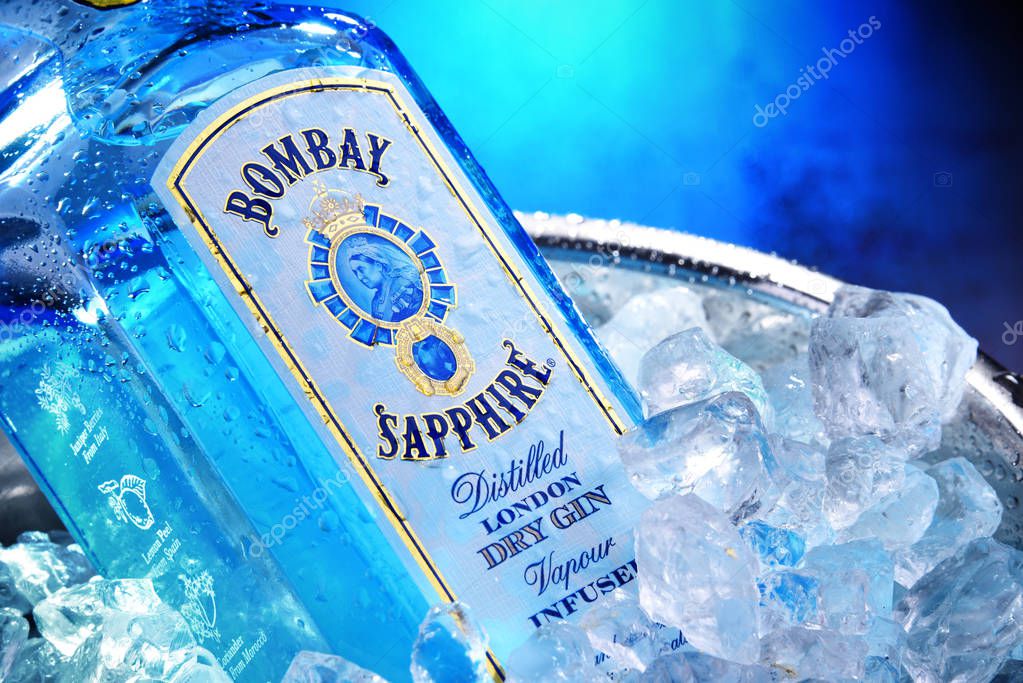 POZNAN, POL - SEP 4, 2019: Bottle of Bombay Sapphire, a brand of gin distributed by Bacardi. Introduced to the market in 1987 by International Distillers and Vintners.