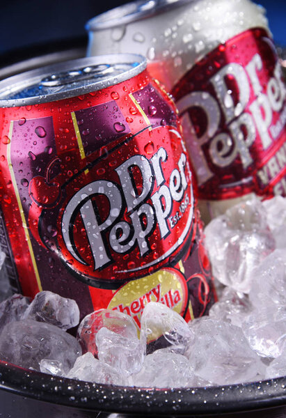 Two cans of carbonated soft drink Dr Pepper