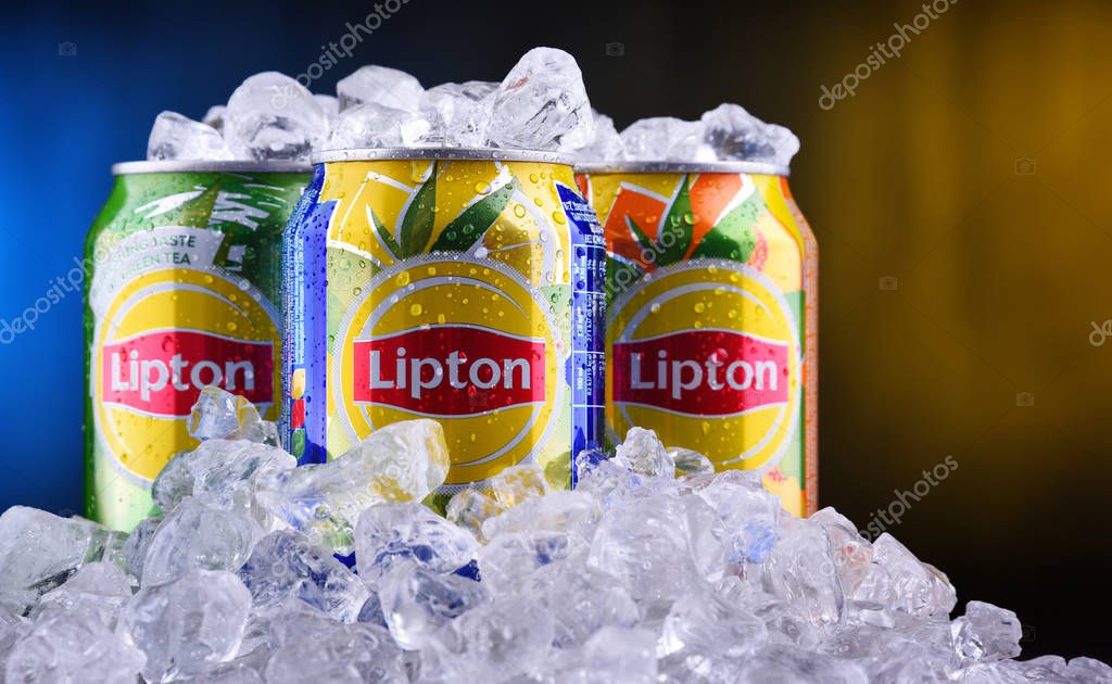 POZNAN, POL - OCT 23, 2019: Cans of Lipton Ice Tea, a soft drink brand sold by Lipton and belonging to Unilever, a British-Dutch multinational consumer goods company.