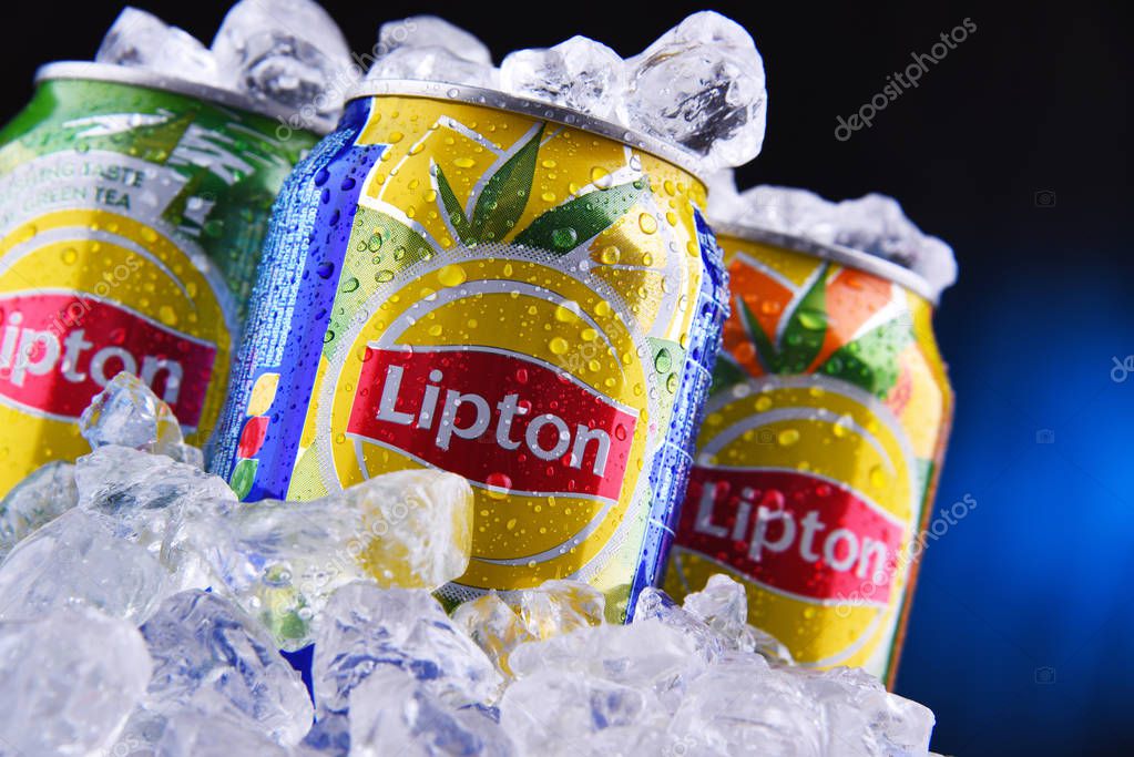 POZNAN, POL - OCT 23, 2019: Cans of Lipton Ice Tea, a soft drink brand sold by Lipton and belonging to Unilever, a British-Dutch multinational consumer goods company.