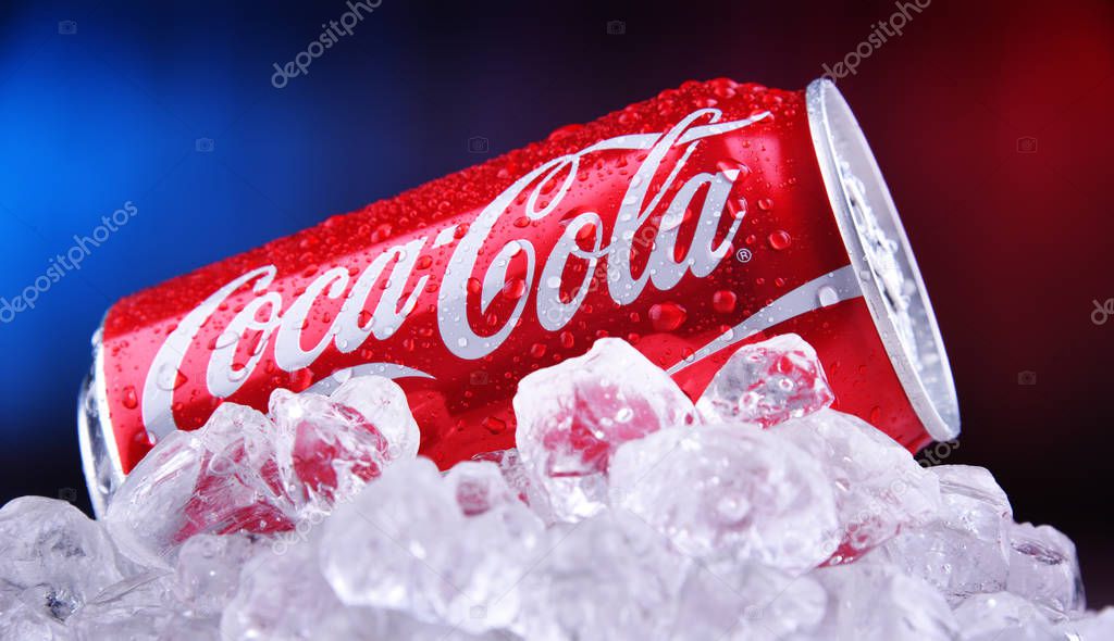 POZNAN, POL - OCT 23, 2019: Can of Coca-Cola, a carbonated soft drink manufactured by The Coca-Cola Company headquartered in Atlanta, Georgia, USA