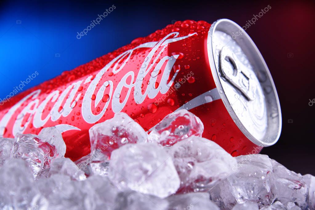 POZNAN, POL - OCT 23, 2019: Can of Coca-Cola, a carbonated soft drink manufactured by The Coca-Cola Company headquartered in Atlanta, Georgia, USA