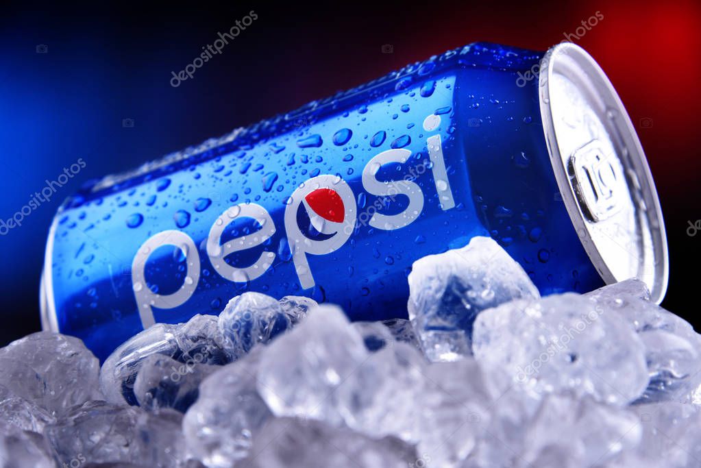 POZNAN, POL - OCT 23, 2019: A can of Pepsi, a carbonated soft drink produced and manufactured by PepsiCo. The beverage was created and developed in 1893 under the name Brad's Drink