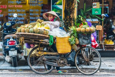 Vietnamlı kadın Hanoi, Vietnam 'da bisiklet üzerinde meyve satıyor.