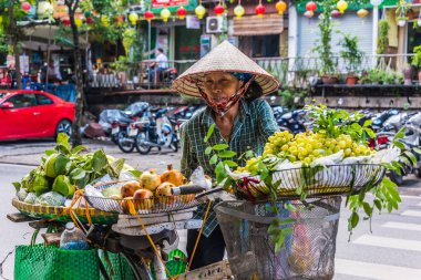 Vietnamlı kadın Hanoi, Vietnam 'da bisiklet üzerinde meyve satıyor.