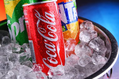 POZNAN, POL - MAY 15, 2020: Cans of Coke, Fanta and Sprite, the flagship brands of Coca Cola Company, American multinational beverage corporation,  headquartered in Atlanta, Georgia, USA clipart
