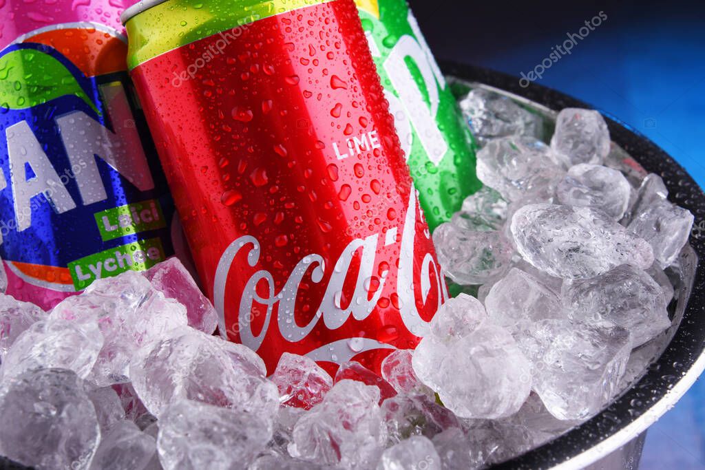 POZNAN, POL - MAY 15, 2020: Cans of Coke, Fanta and Sprite, the flagship brands of Coca Cola Company, American multinational beverage corporation,  headquartered in Atlanta, Georgia, USA