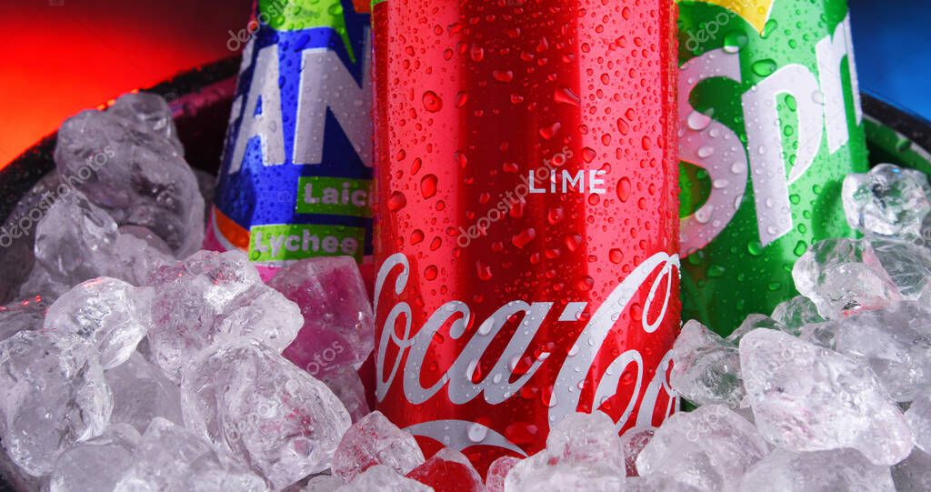 POZNAN, POL - MAY 15, 2020: Cans of Coke, Fanta and Sprite, the flagship brands of Coca Cola Company, American multinational beverage corporation,  headquartered in Atlanta, Georgia, USA