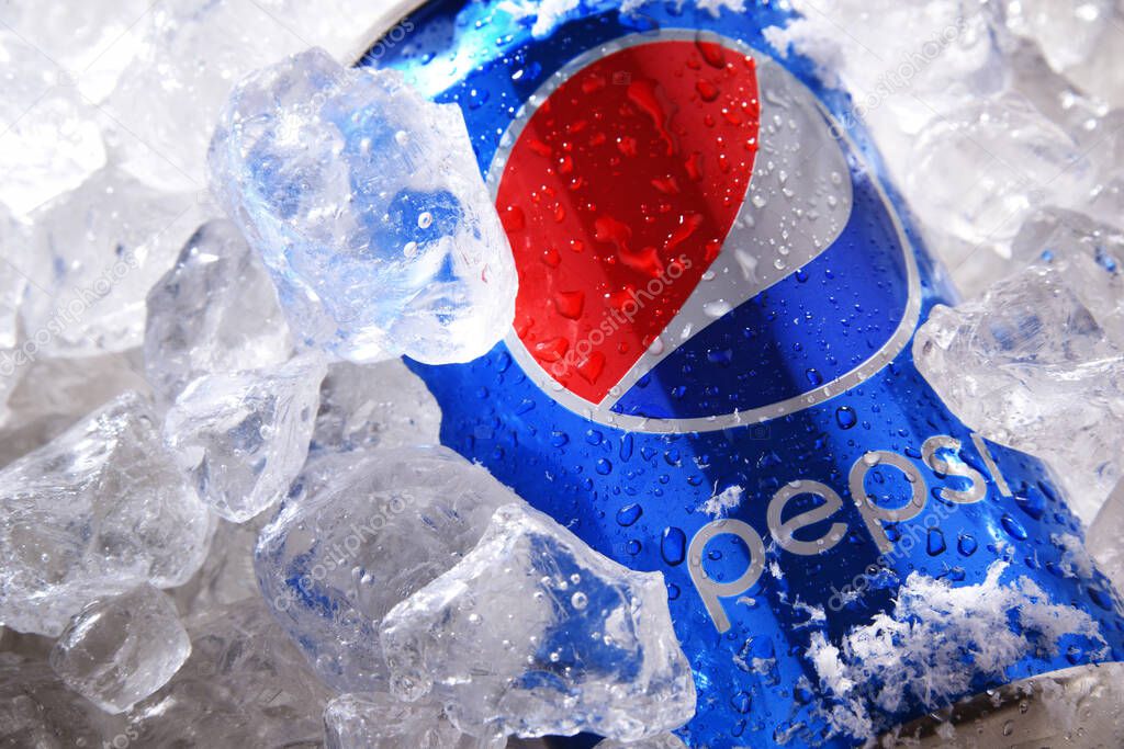 POZNAN, POL - MAY 22, 2020: Can of Pepsi, a carbonated soft drink produced and manufactured by PepsiCo. The beverage was created and developed in 1893 under the name Brad's Drink
