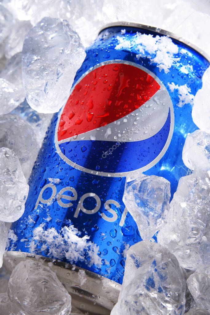 POZNAN, POL - MAY 22, 2020: Can of Pepsi, a carbonated soft drink produced and manufactured by PepsiCo. The beverage was created and developed in 1893 under the name Brad's Drink