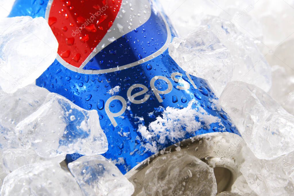 POZNAN, POL - MAY 22, 2020: Can of Pepsi, a carbonated soft drink produced and manufactured by PepsiCo. The beverage was created and developed in 1893 under the name Brad's Drink