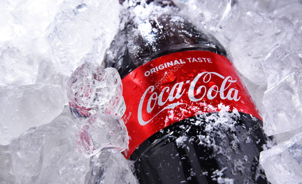 POZNAN, POL - MAY 22, 2020: Bottle of Coca-Cola, a carbonated soft drink manufactured by The Coca-Cola Company headquartered in Atlanta, Georgia, USA