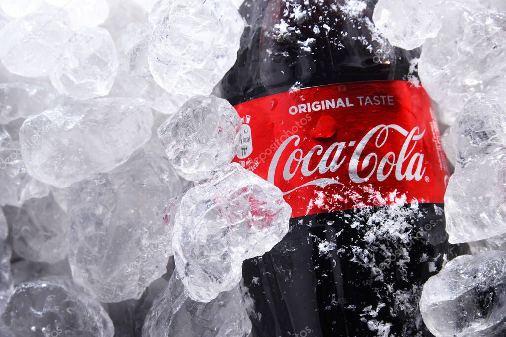 POZNAN, POL - MAY 22, 2020: Bottle of Coca-Cola, a carbonated soft drink manufactured by The Coca-Cola Company headquartered in Atlanta, Georgia, USA