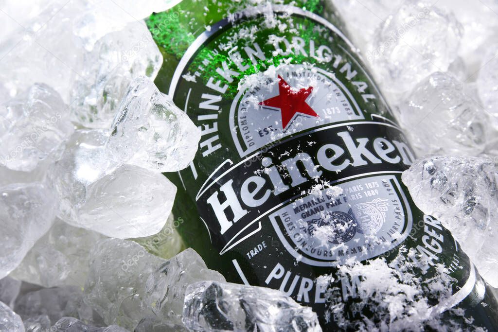 POZNAN, POL - MAY 22, 2020: Bottle of Heineken Lager Beer, the flagship product of Heineken International which owns over 125 breweries in more than 70 countries