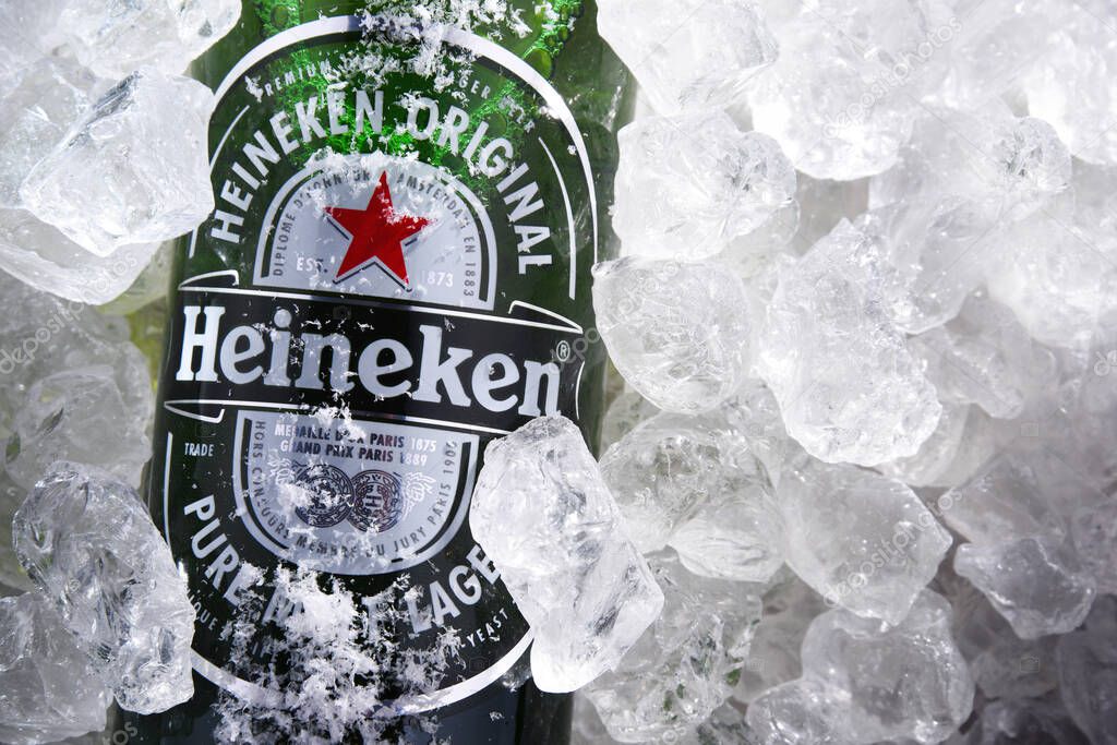 POZNAN, POL - MAY 22, 2020: Bottle of Heineken Lager Beer, the flagship product of Heineken International which owns over 125 breweries in more than 70 countries