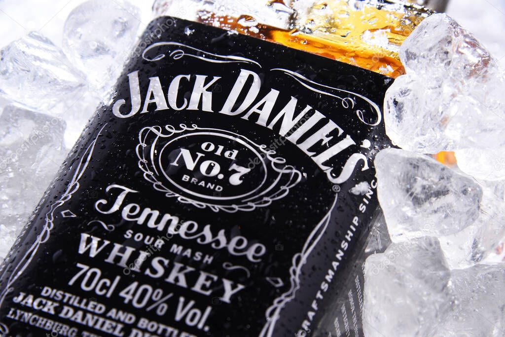 POZNAN, POL - MAY 28, 2020: Bottle of Jack Daniel's, a brand of the best selling American whiskey in the world,  produced by the Jack Daniel Distillery and owned by the Brown-Forman Corporation since 1956