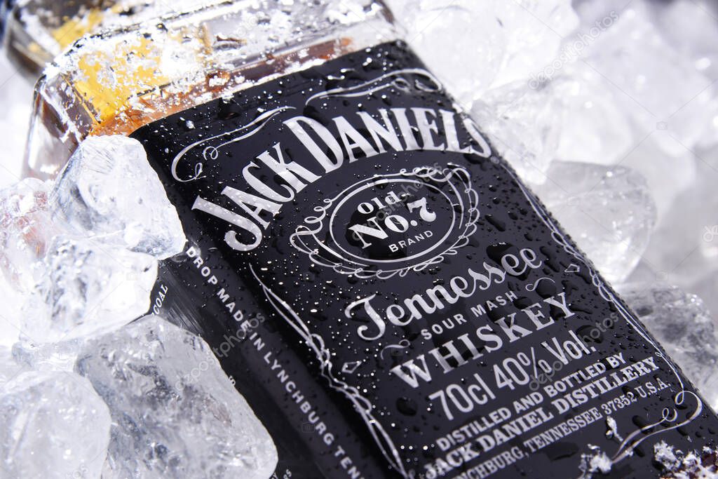 POZNAN, POL - MAY 28, 2020: Bottle of Jack Daniel's, a brand of the best selling American whiskey in the world,  produced by the Jack Daniel Distillery and owned by the Brown-Forman Corporation since 1956