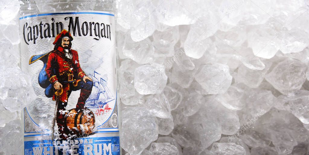 POZNAN, POL - MAY 28, 2020: Bottle of Captain Morgan, a brand of rum originated on US Virgin Islands and now produced by Diageo, British alcoholic beverages company headquartered in London