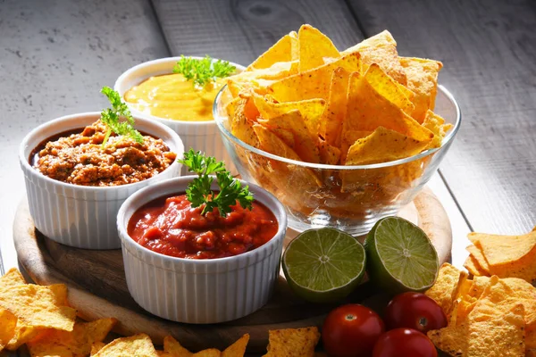 Composition Glass Bowl Tortilla Chips Dipping Sauces — Stock Photo, Image