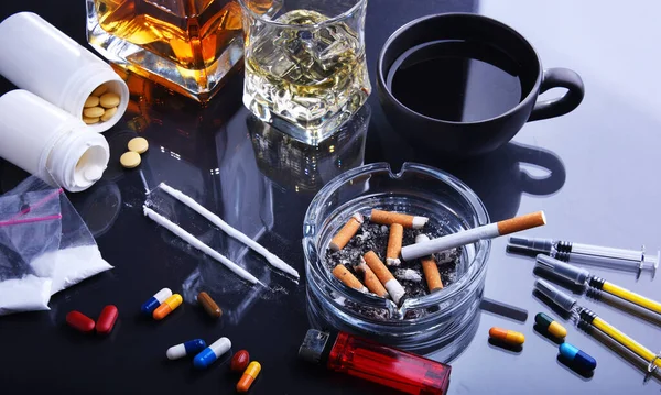 Addictive Substances Including Alcohol Cigarettes Drugs — Stock Photo, Image