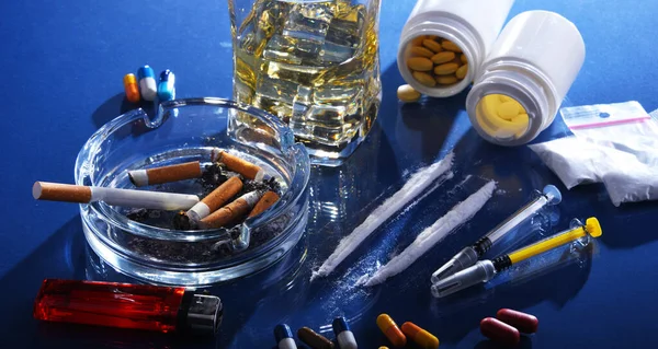 Addictive Substances Including Alcohol Cigarettes Drugs — Stock Photo, Image