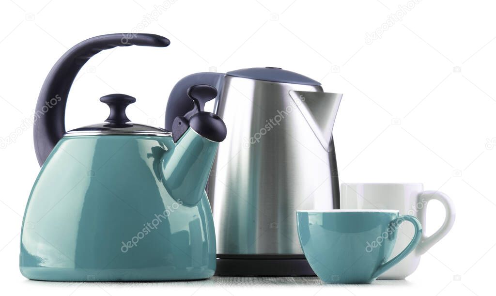 Traditional stovetop kettle with whistle and modern electric cordless kettle isolated on white