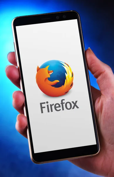 Poznan Pol May 2020 Hand Holding Smartphone Displaying Logo Firefox — Stock Photo, Image