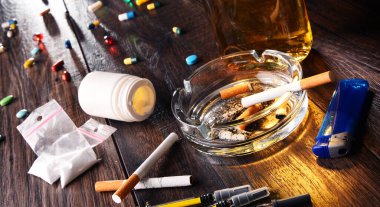 Addictive substances, including alcohol, cigarettes and drugs. clipart