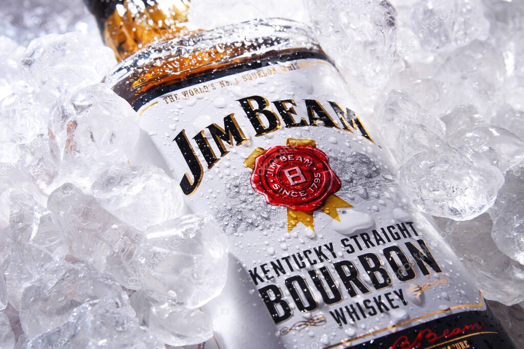 POZNAN, POL - MAY 28, 2020: Bottle of Jim Beam, one of best selling brands of bourbon in the world, produced by Beam Inc. in Clermont, Kentucky