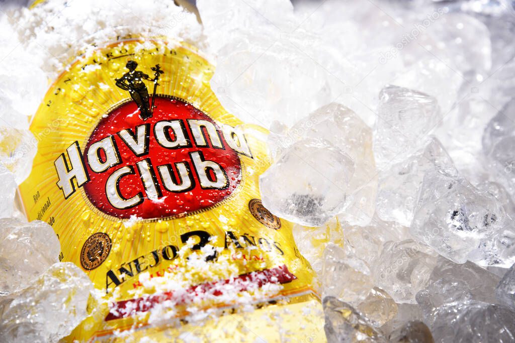 POZNAN, POL - MAY 28, 2020: Bottle of Havana Club, a brand of rum created in Cuba in 1934, now one of the best-selling rum brands in the world