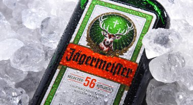 POZNAN, POL - 28 Mayıs 2020: 56 bitki ve baharatla yapılmış bir şişe Jagermeister, sancak gemisi SE 'nin sancak gemisi ürünü