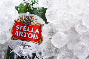 POZNAN, POL - 28 Mayıs 2020: bir şişe Stella Artois, Anheuser-Busch InBev markası. 1926 'dan beri Leuven, Belçika' da üretilen bir pilsner.