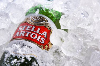 POZNAN, POL - 28 Mayıs 2020: bir şişe Stella Artois, Anheuser-Busch InBev markası. 1926 'dan beri Leuven, Belçika' da üretilen bir pilsner.