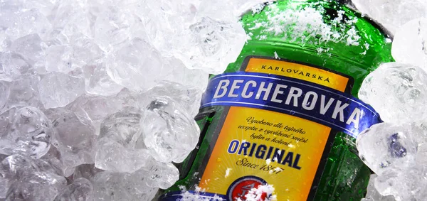 Poznan Pol May 2020 Bottle Becherovka Herbal Bitters Produced Karlovy — Stock Photo, Image