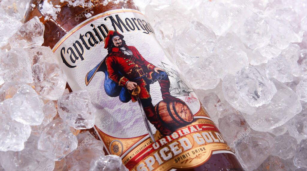 POZNAN, POL - MAY 28, 2020: Bottle of Captain Morgan, a brand of rum originated on US Virgin Islands and now produced by Diageo, British alcoholic beverages company headquartered in London