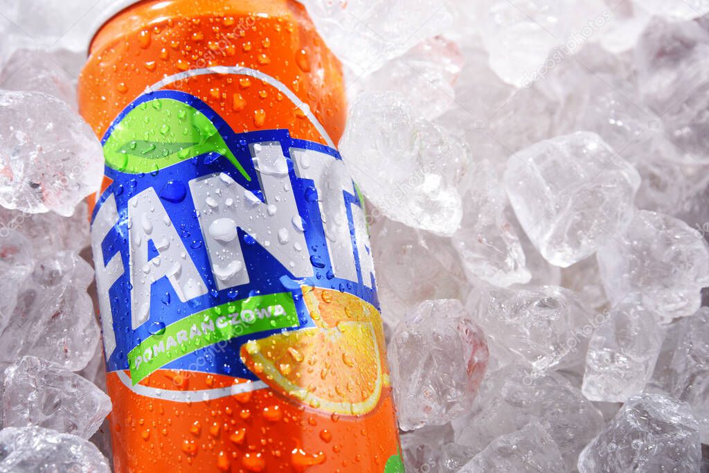 POZNAN, POL - JUN 10, 2020: Can of Fanta, a global brand of fruit-flavored carbonated soft drinks created by The Coca-Cola Company in Germany in 1940