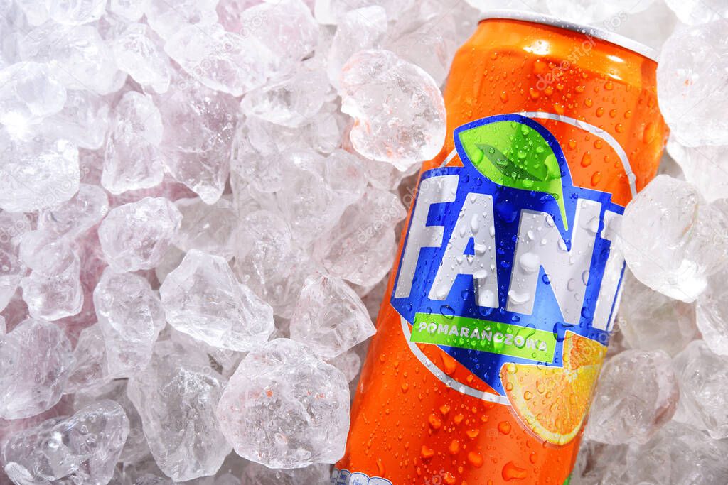 POZNAN, POL - JUN 10, 2020: Can of Fanta, a global brand of fruit-flavored carbonated soft drinks created by The Coca-Cola Company in Germany in 1940