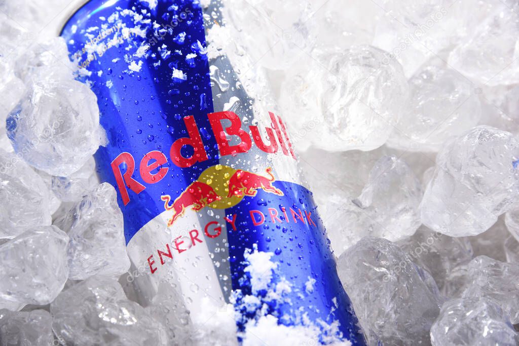 POZNAN, POL - JUN 10, 2020: Can of Red Bull, an energy drink sold by Red Bull GmbH, an Austrian company created in 1987