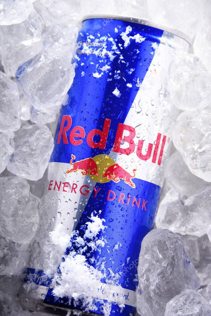POZNAN, POL - JUN 10, 2020: Can of Red Bull, an energy drink sold by Red Bull GmbH, an Austrian company created in 1987